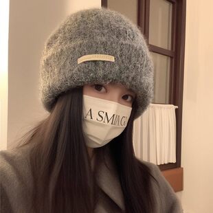 高级感秋冬毛线堆堆帽大头围灰色女帽冷帽保暖帽子情侣护耳针织帽
