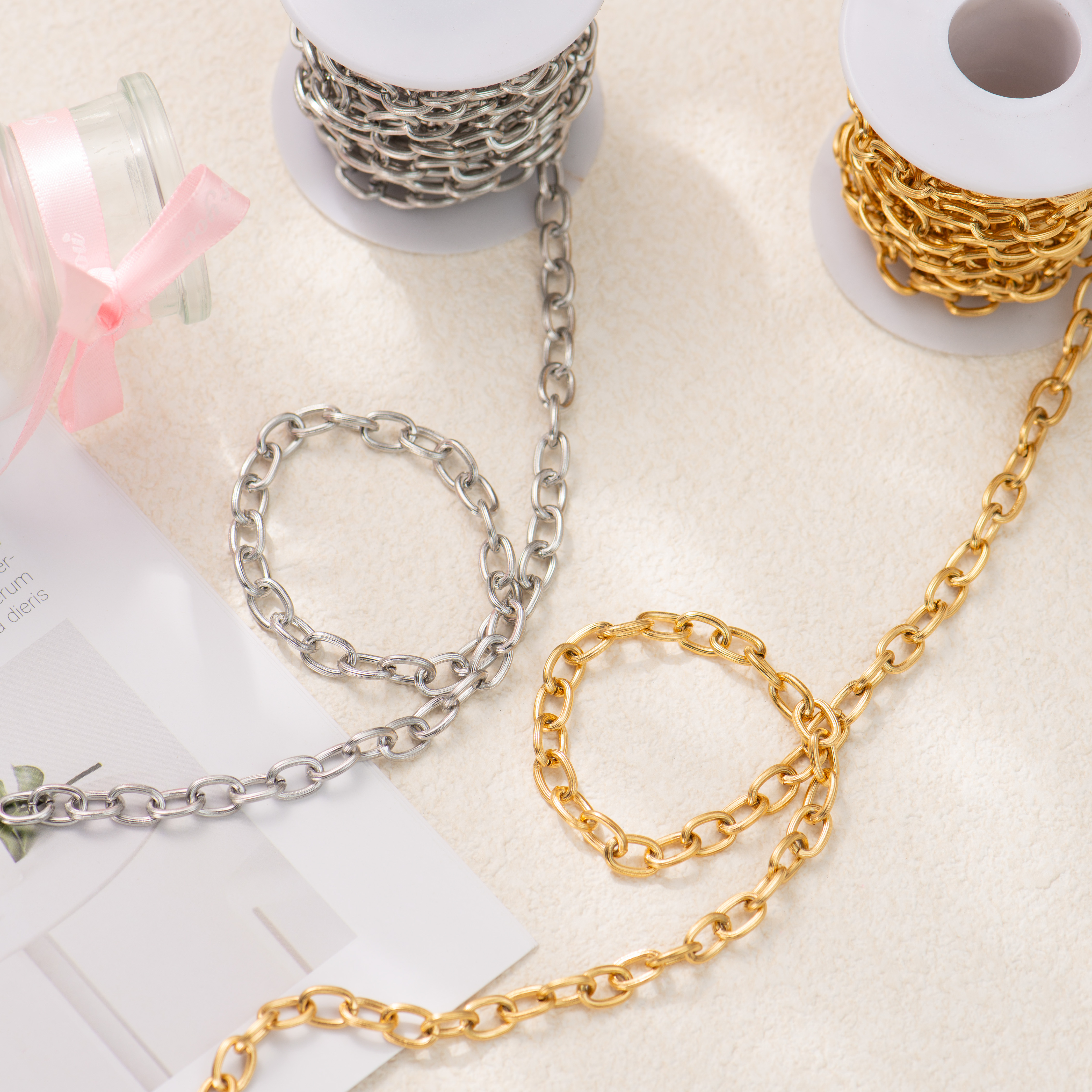 钛钢精抛镀18K拉丝O字链椭圆链条