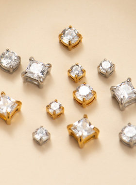 东夏饰品 316钛钢精抛5A锆石钻台 炉内电镀18K金方形隔珠圆形钻