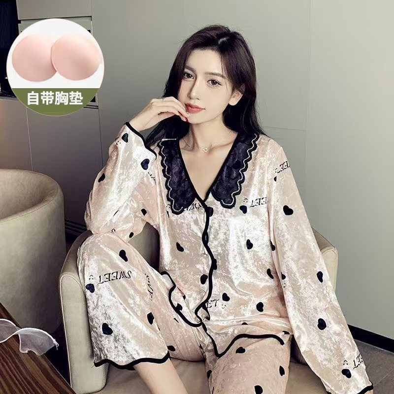 金丝绒睡衣带胸垫女春秋款2024新款网红长袖大码冬季家居服套装