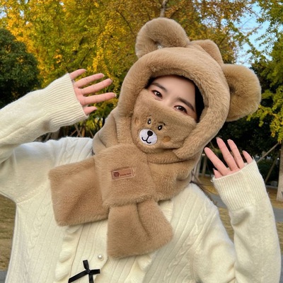 东北哈尔滨雪乡旅游装备小熊帽子女冬天保暖围巾一体防寒护耳毛绒