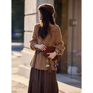 配腰带气质针织毛衣拼接荷叶边半身裙套装 苏醒 时尚 新品 乐园秋季