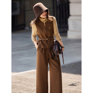 苏醒的乐园知性风三件套秋冬针织套头衫通勤毛呢马甲阔腿裤套装