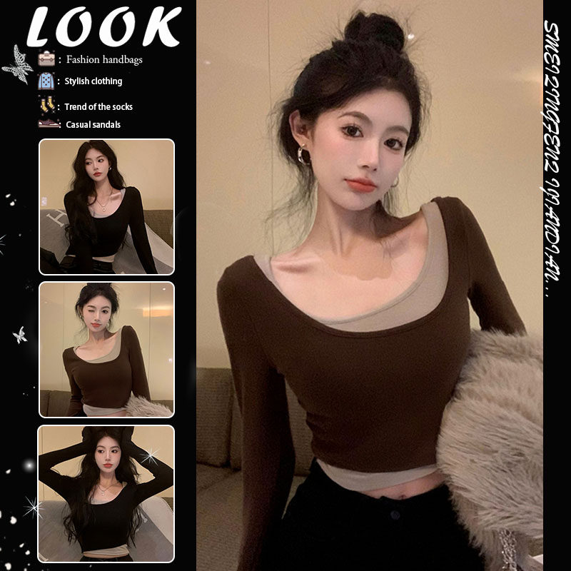 여성용 PURE DESIN 이너 레이어링 셔츠 봄 가을 디자인 틈새 긴팔 티셔츠 타이트한 핫걸 숏탑 티셔츠