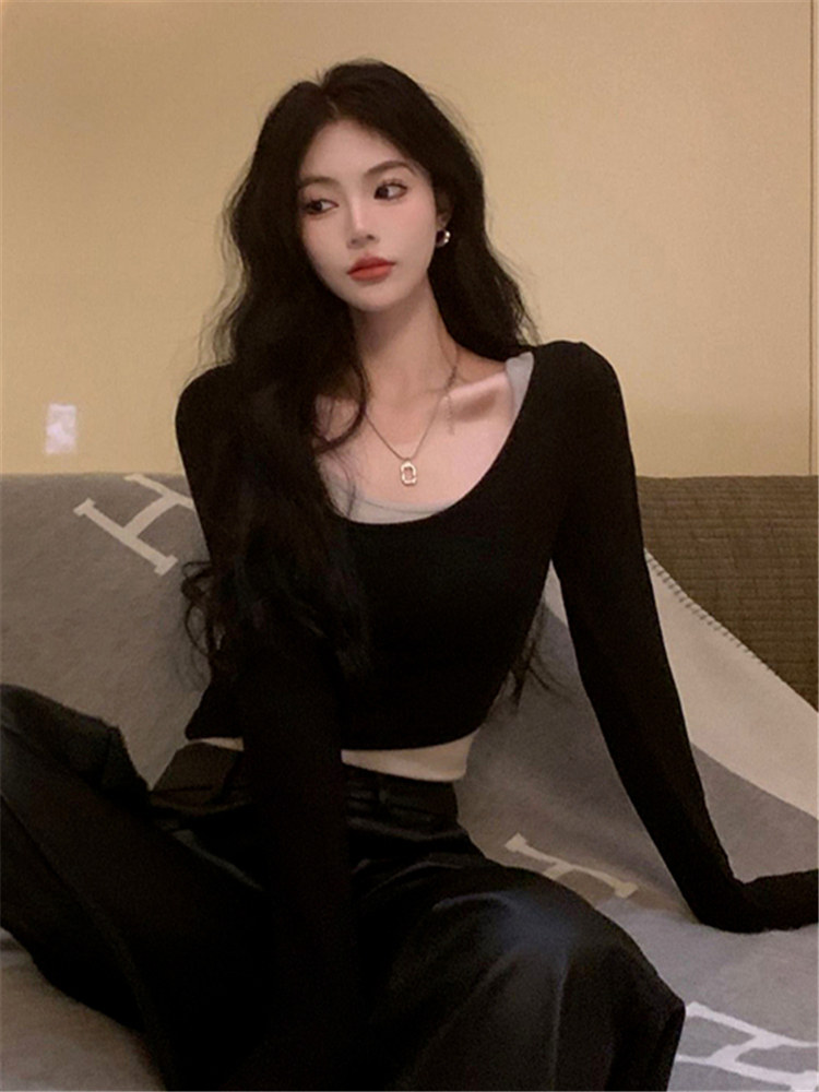 여성용 PURE DESIN 이너 레이어링 셔츠 봄 가을 디자인 틈새 긴팔 티셔츠 타이트한 핫걸 숏탑 티셔츠