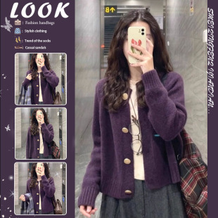紫色圆领针织开衫 毛衣外套外穿上衣 女春秋加厚宽松慵懒浣熊绒短款