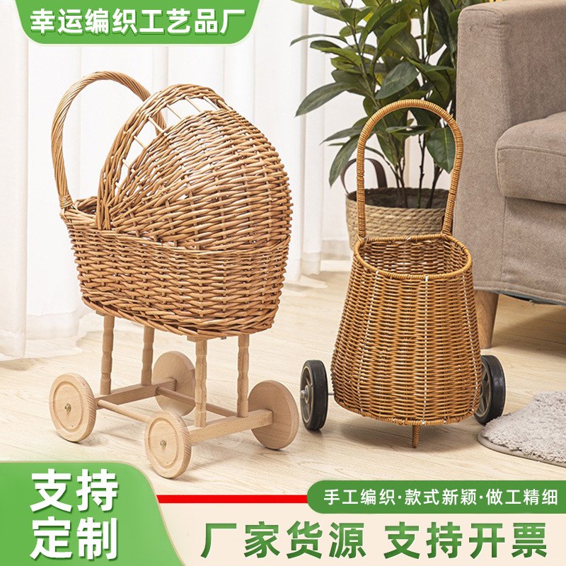 婴儿拉车草柳藤手工编织跨境外贸儿童玩具车拍摄道具手拉车推车