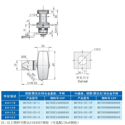 工业柜门锁 圆柱锁 回转直角锁 电气柜门锁 MS705-3U