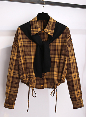 美式复古磨毛黄色格子长袖衬衫叠穿加披肩女2025春秋季新短款上衣