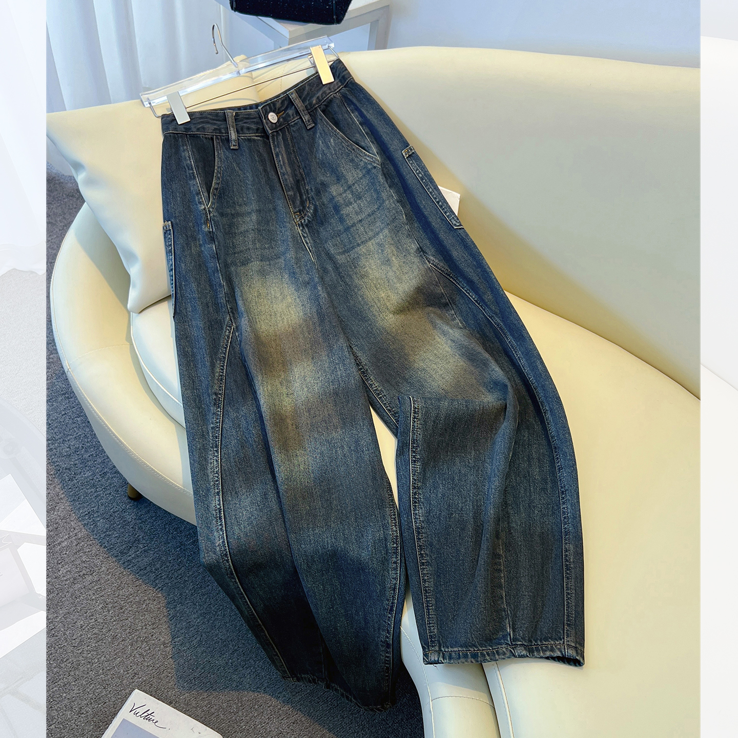 高腰脏脏染弯刀牛仔裤女