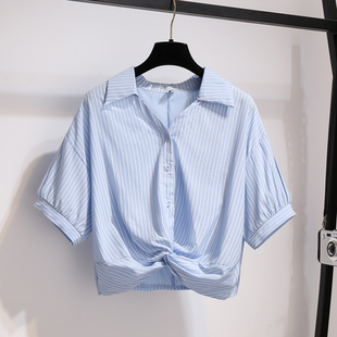 蓝白色条纹短袖衬衫下摆打结小衫女2025夏季新款轻奢高级感短上衣