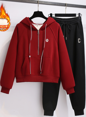 半拉链红色连带帽插肩长袖卫衣加绒加厚女2025冬季新款超火短上衣