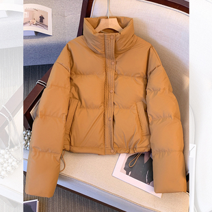 PU皮面立领短款面包羽绒服女士2025冬天新款加厚保暖超好看的外套