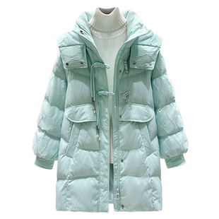 超好看白色连帽中长款牛角盘扣羽绒服女2025年冬季新款面包服外套