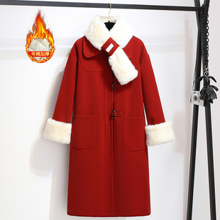 红色毛呢围脖夹棉外套加厚女2025冬季新款过年战袍高级感长款大衣