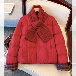 独特漂亮本命年红色白鸭绒羽绒服女2025冬装新款格子拼接短款外套
