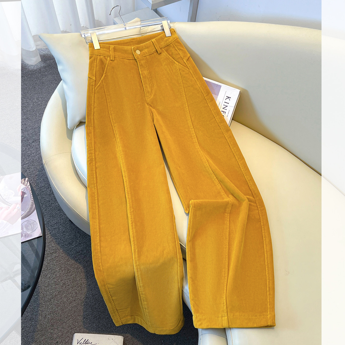 巨好看黄色雪尼尔灯芯绒阔腿弯刀裤女2026春季新款香蕉镰刀休闲裤,女装/女士精品,休闲裤,淘宝优惠券,粉丝福利购,淘宝优惠卷