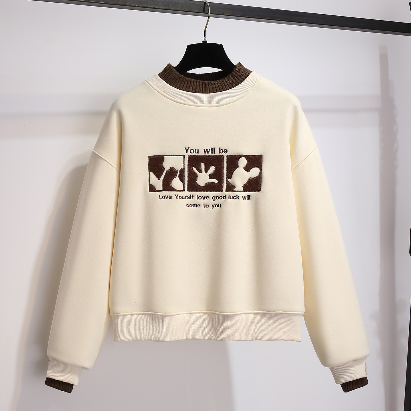 拼接假两件半高领卫衣加绒加厚女