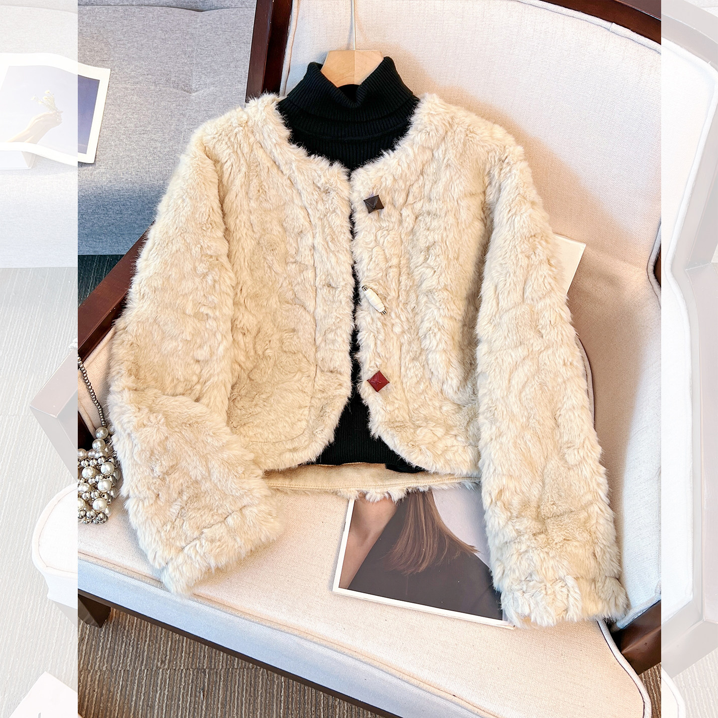 小香风无领羊羔毛绒绒外套女短款