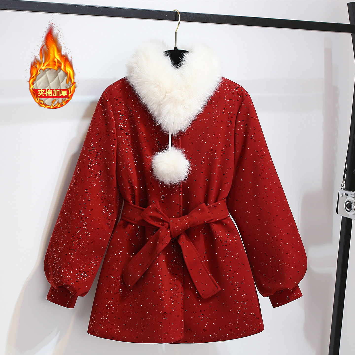 红色过新年战袍毛领毛呢外套女中长款收腰2025秋冬新夹棉加厚大衣,女装/女士精品,毛呢外套,淘宝优惠券,粉丝福利购,淘宝优惠卷