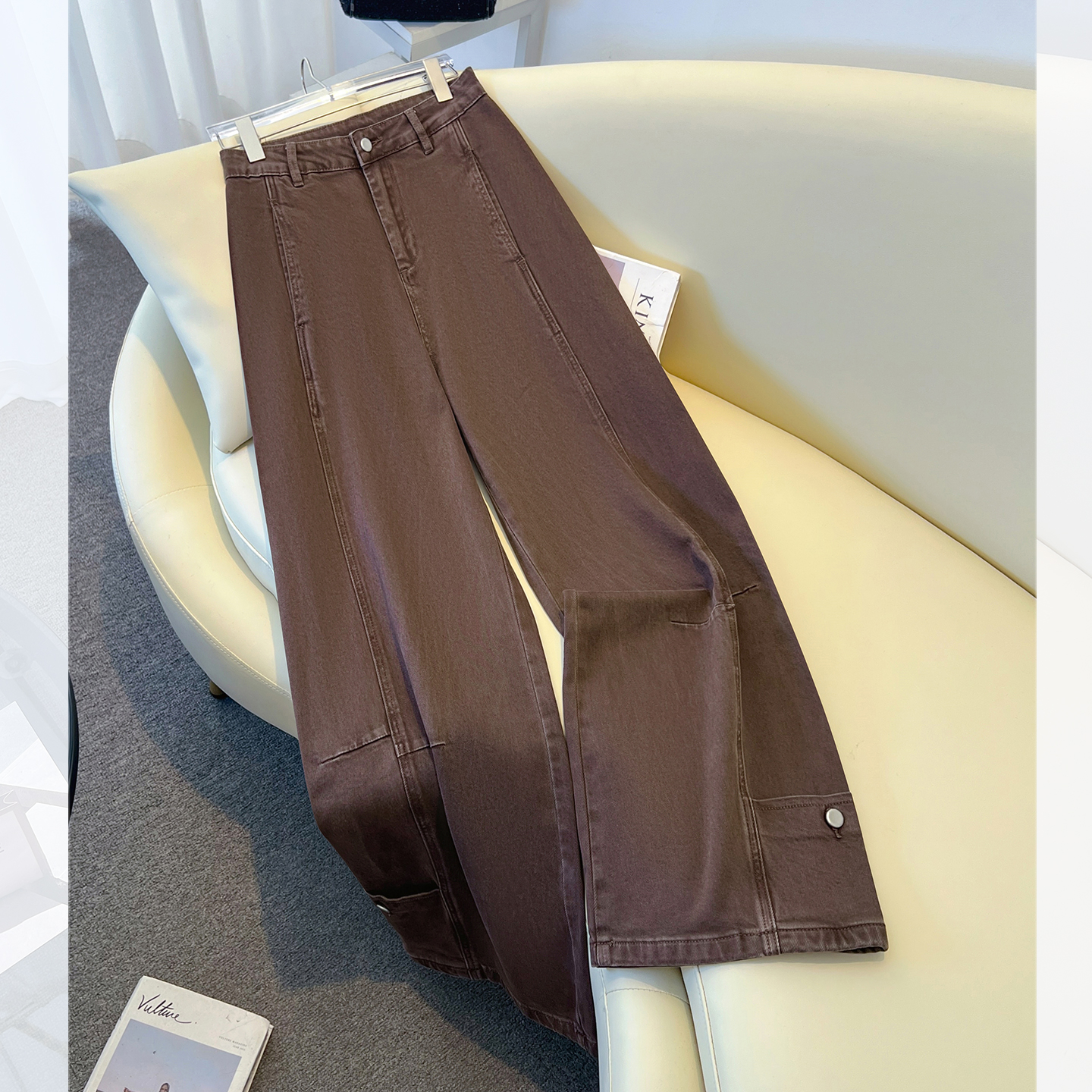 棕咖色高腰宽松工装阔腿牛仔裤女