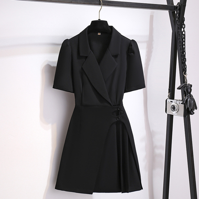 赫本风黑色短袖西装连衣裙短裤