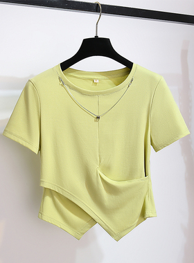 绿色亮闪闪圆领正肩短袖T恤女2025夏季新款不规则设计感短款上衣