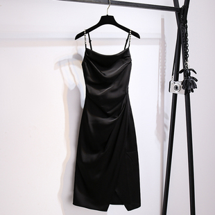 名媛风无袖 新款 小黑裙子 2026夏季 醋酸缎面包臀开叉吊带连衣裙女装
