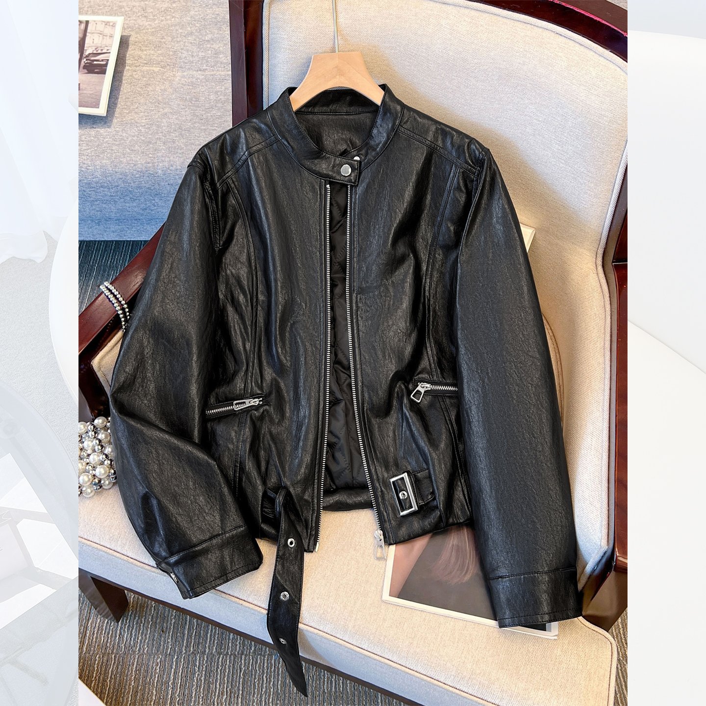 黑色pu皮衣外套女夹棉加厚夹克