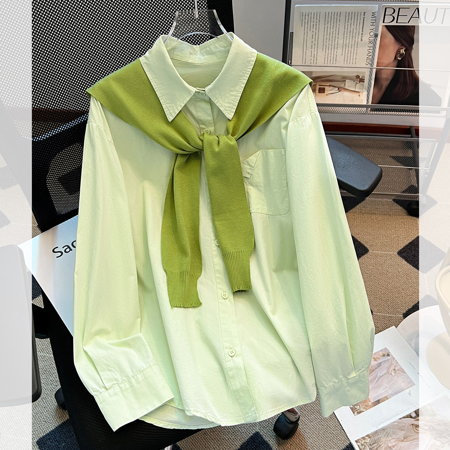 针织披肩外搭牛油果长袖衬衫外套女2026春新中长款遮屁股洋气上衣