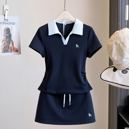 撞色polo衫v领短袖上衣短裙女