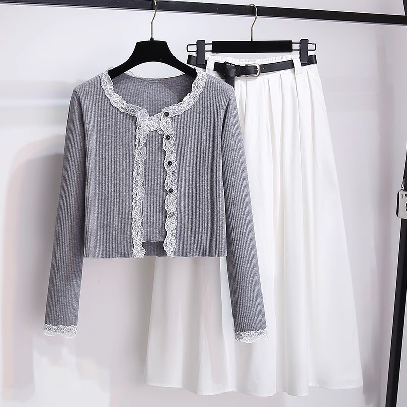 蕾丝拼接针织开衫吊带加半身裙