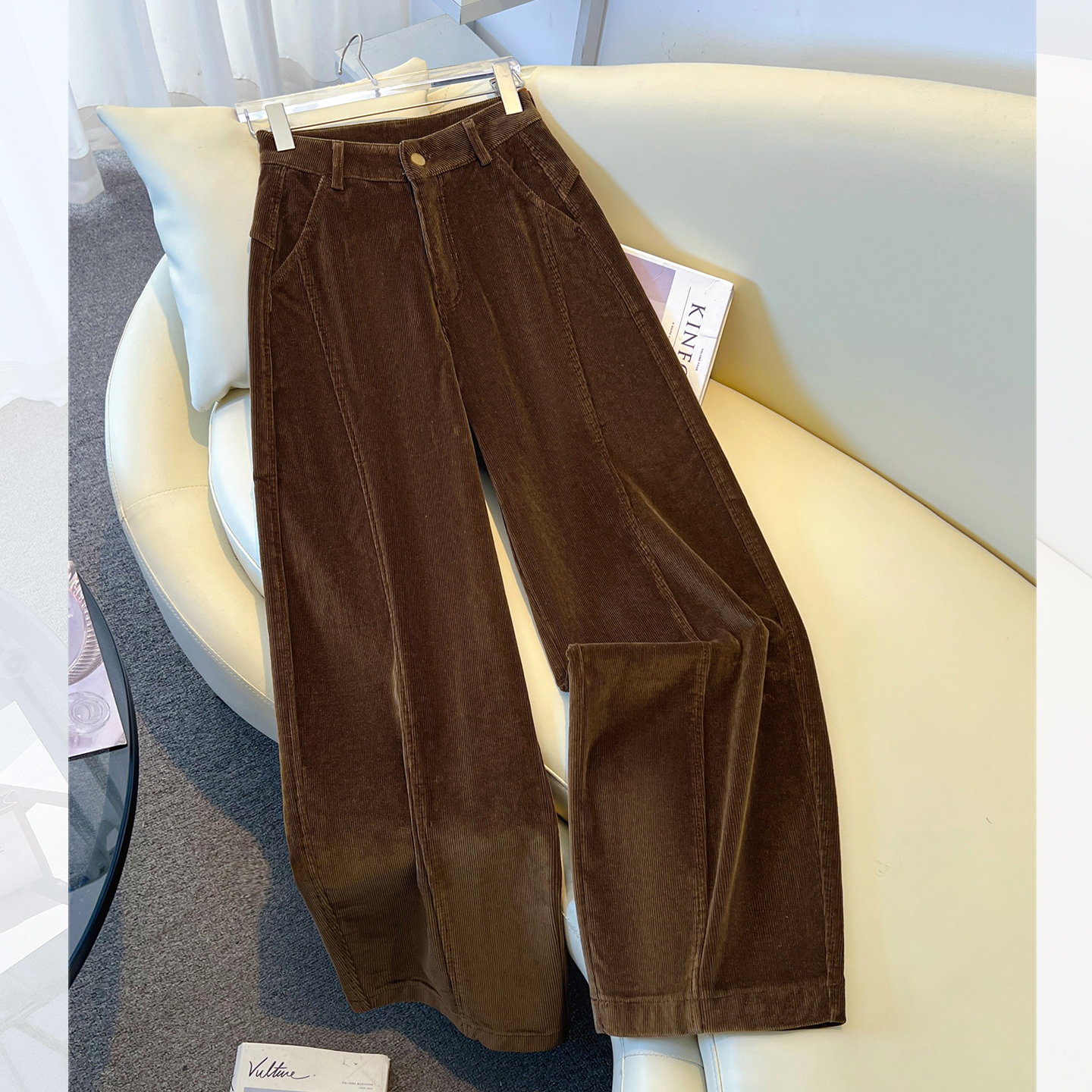 咖棕色灯芯绒阔腿弯刀裤女加绒