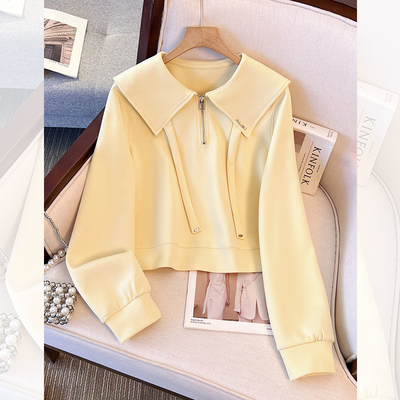 黄色长袖海军娃娃翻领半拉链卫衣