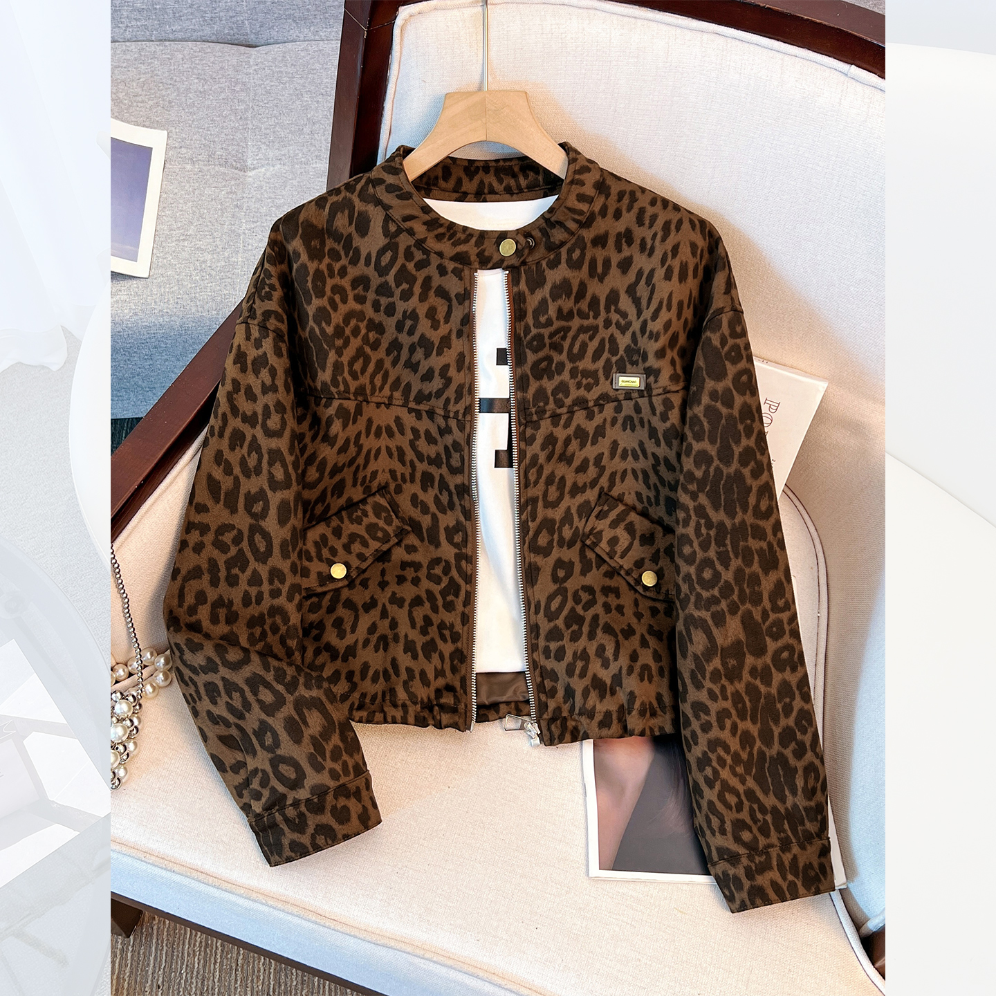 美拉德棕咖色豹纹麂皮绒圆领外套