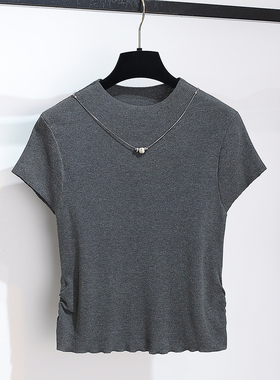 灰色针织打底衫小半高领短袖T恤女夏季2026早春新薄短款显瘦上衣
