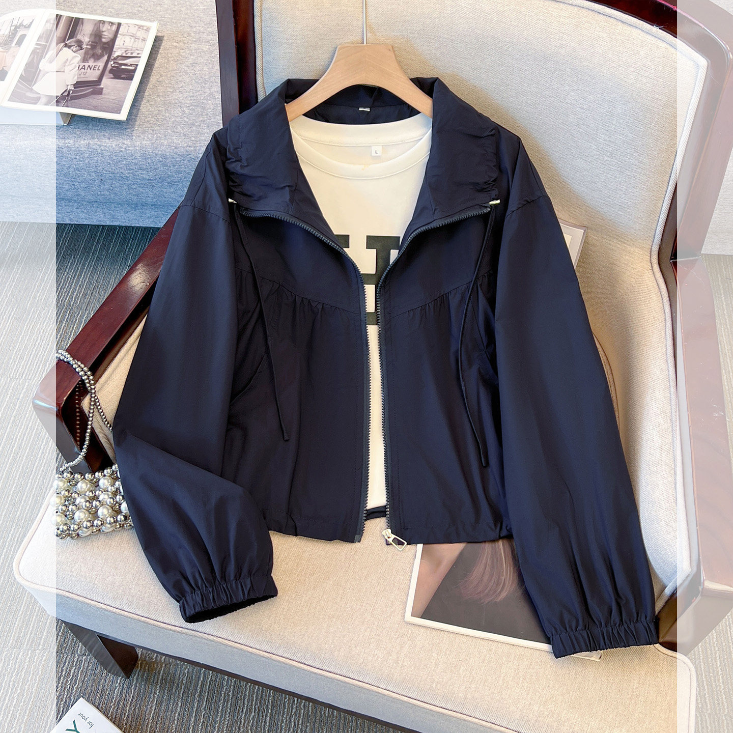 藏青色花苞立领棒球服冲锋外套女图片