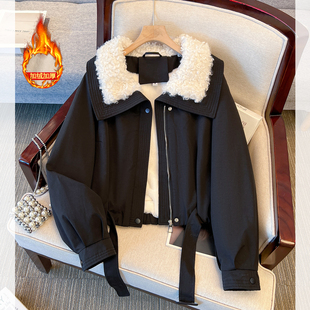 韩系深冬chic巨好看的羊羔毛翻领加绒加厚外套女短款2025新款夹克