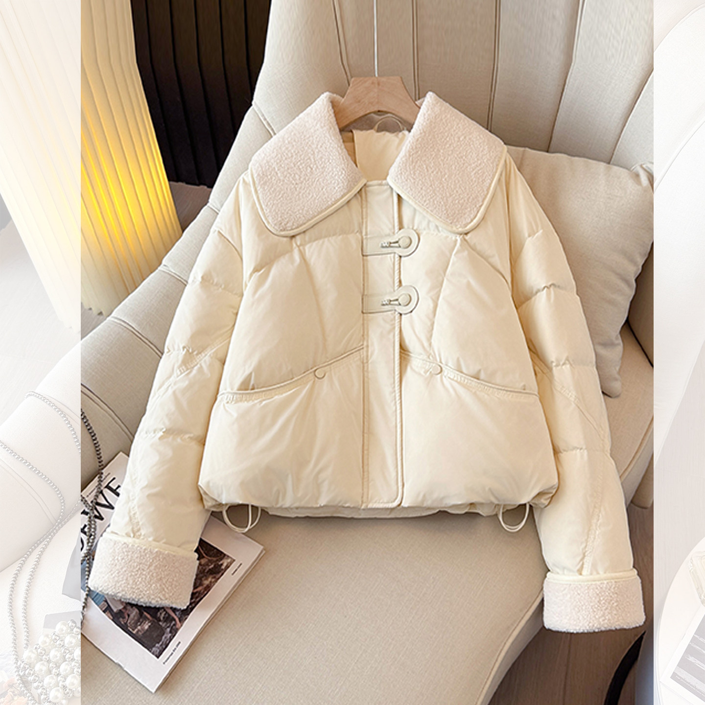 羊羔毛拼接娃娃翻领90白鸭绒羽绒服女2025冬季新款短款小个子外套,女装/女士精品,羽绒服,淘宝优惠券,粉丝福利购,淘宝优惠卷