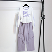 T恤收腰工装 弯刀阔腿裤 女2026春新款 长袖 小个子绝美漂亮两件套装