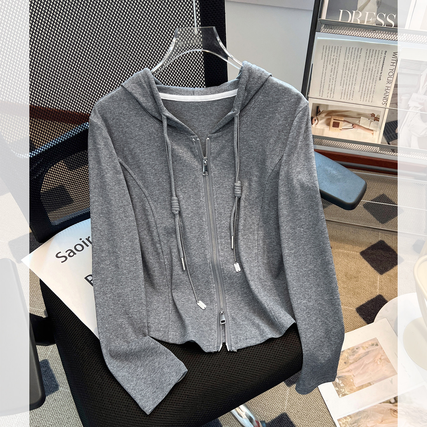 针织连帽长袖体T恤拉链开衫外套女士2026春季新款可外穿短款上衣,女装/女士精品,T恤,淘宝优惠券,粉丝福利购,淘宝优惠卷