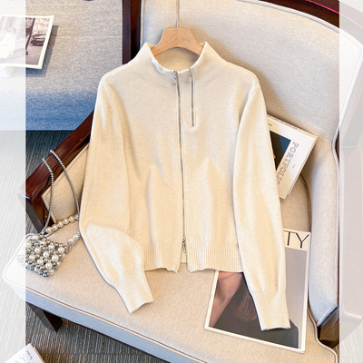 半高立领长袖双拉链针织打底衫女