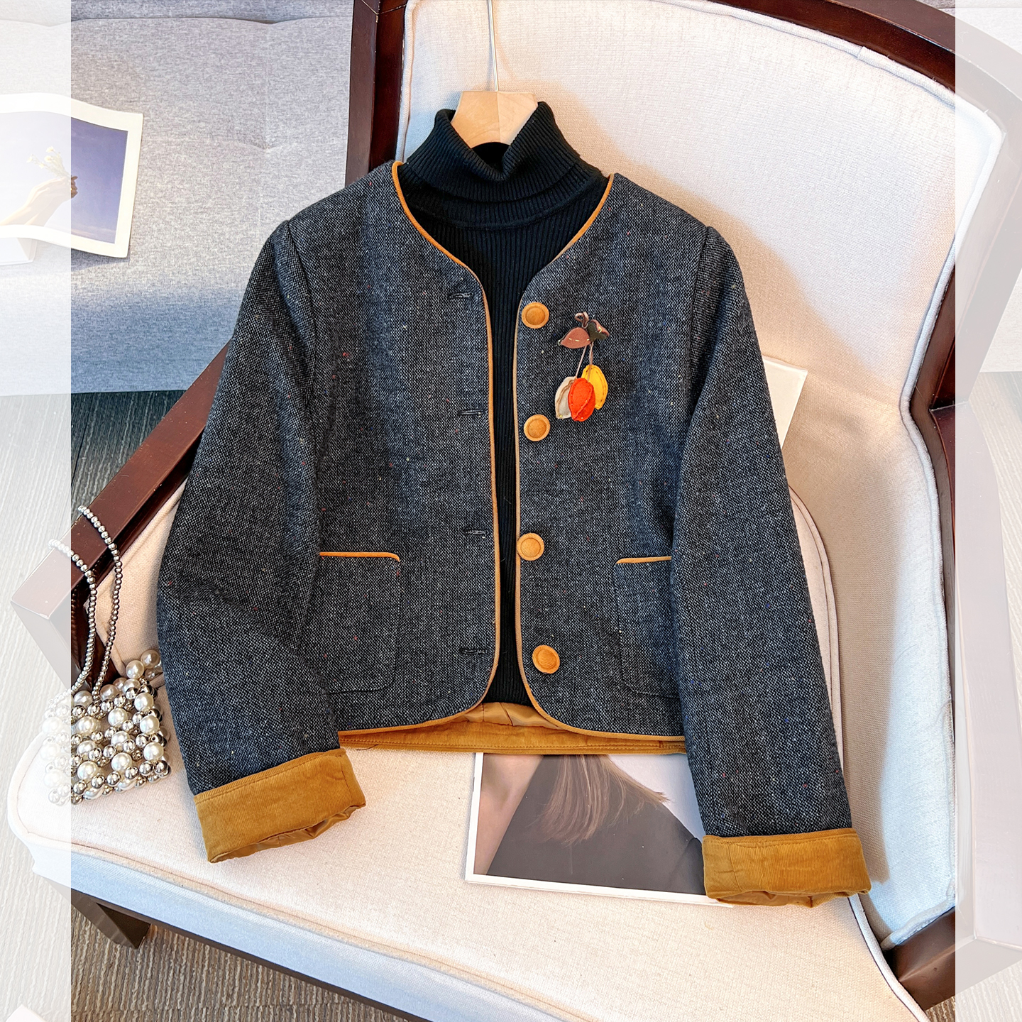 小香风毛呢圆领开衫外套加厚短款