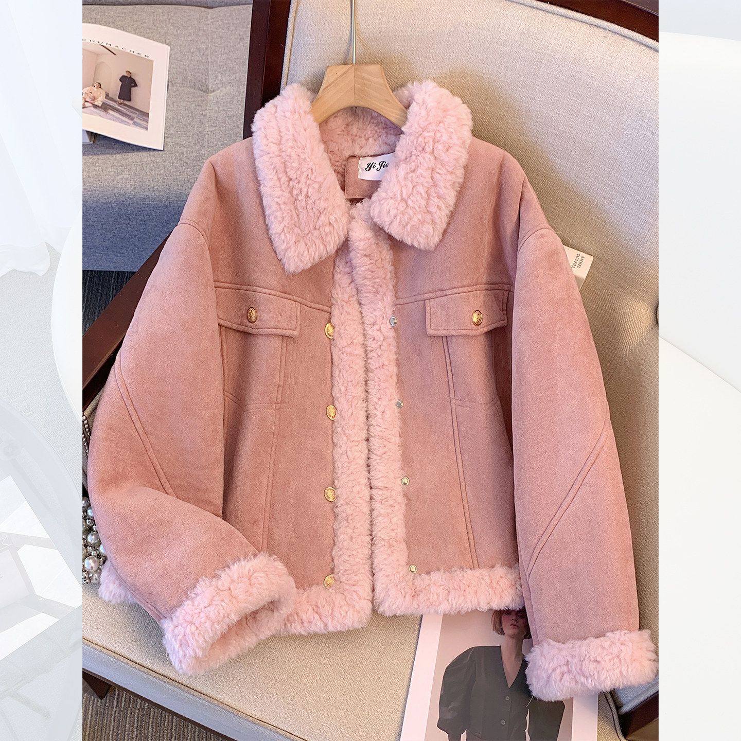粉色翻领皮毛一体羊羔毛茸茸麂皮加绒加厚外套女2025冬季新款夹克,女装/女士精品,短外套,淘宝优惠券,粉丝福利购,淘宝优惠卷