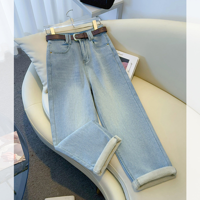 高腰窄版阔腿牛仔裤加绒加厚女