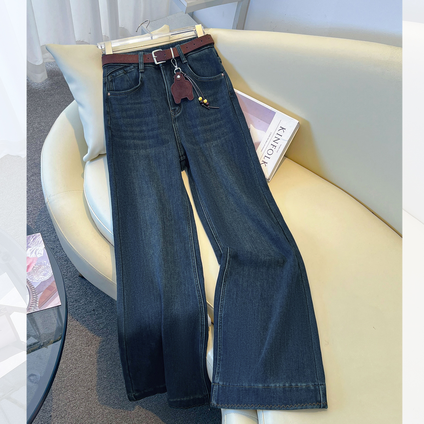 a版高腰加绒加厚阔腿牛仔裤女