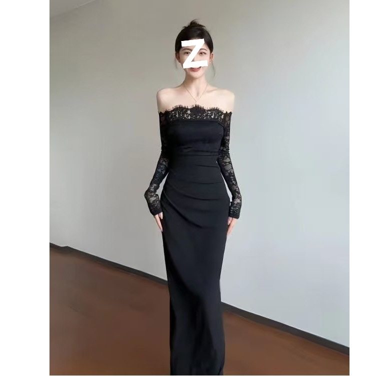 纯欲蕾丝拼接一字肩礼服裙