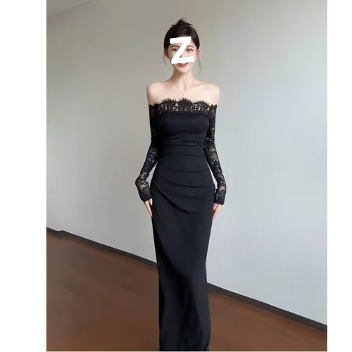 纯欲蕾丝拼接一字肩礼服裙