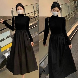 黑色长袖连衣裙女小个子早春季新款时尚高级感赫本风秋冬法式长裙