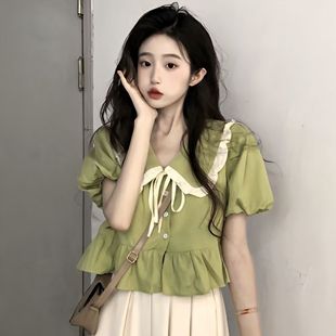 別致小眾設計感上衣夏款 泡泡短袖 法式 女士減齡漂亮洋氣娃娃衫 襯衫